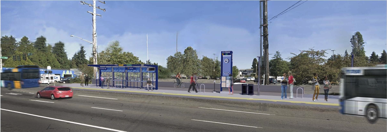 A Stride bus drives away from a covered bus stop as people walk away from the bus stop.